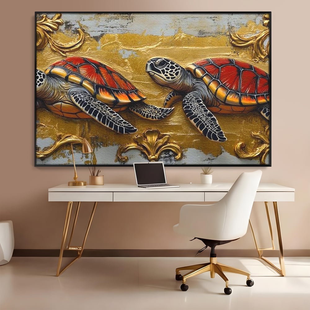 Tablou canvas cu tablou canvas cu doua testoase, in rama de aluminiu negru, pe perete intr-un birou